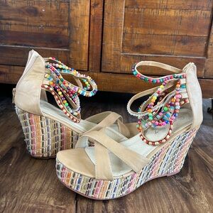 Colorful Beaded Wedge Sandals